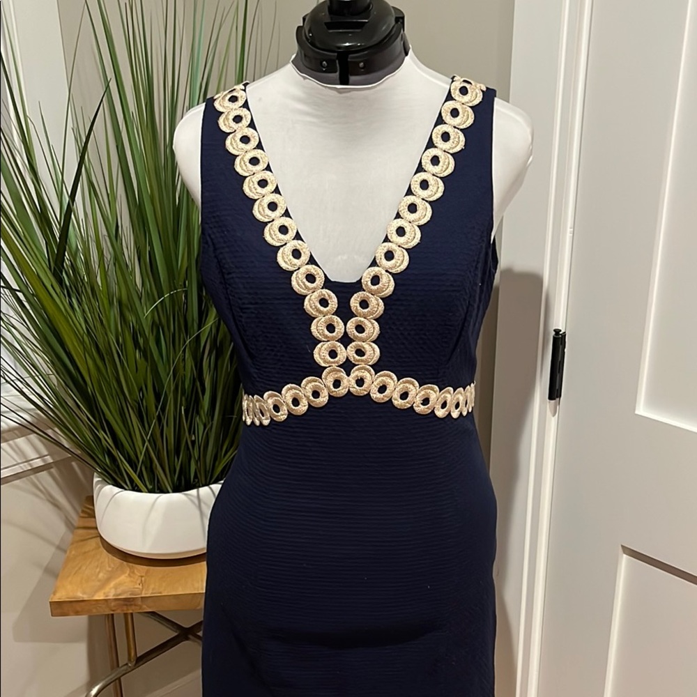 Elegant Navy Dress with Gold Accents